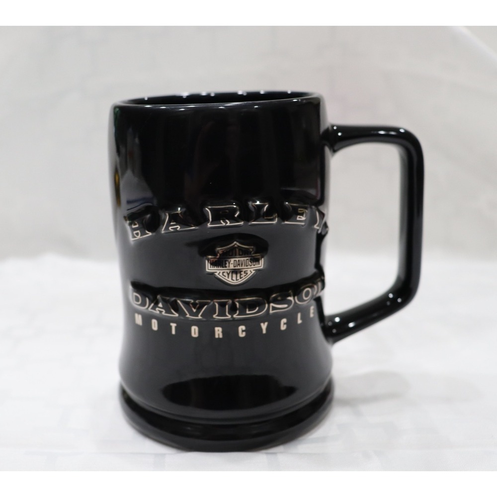 2002 Harley Davidson Black Tankard Chrome Trim Raised Lettering and Logo - Picture 1 of 10